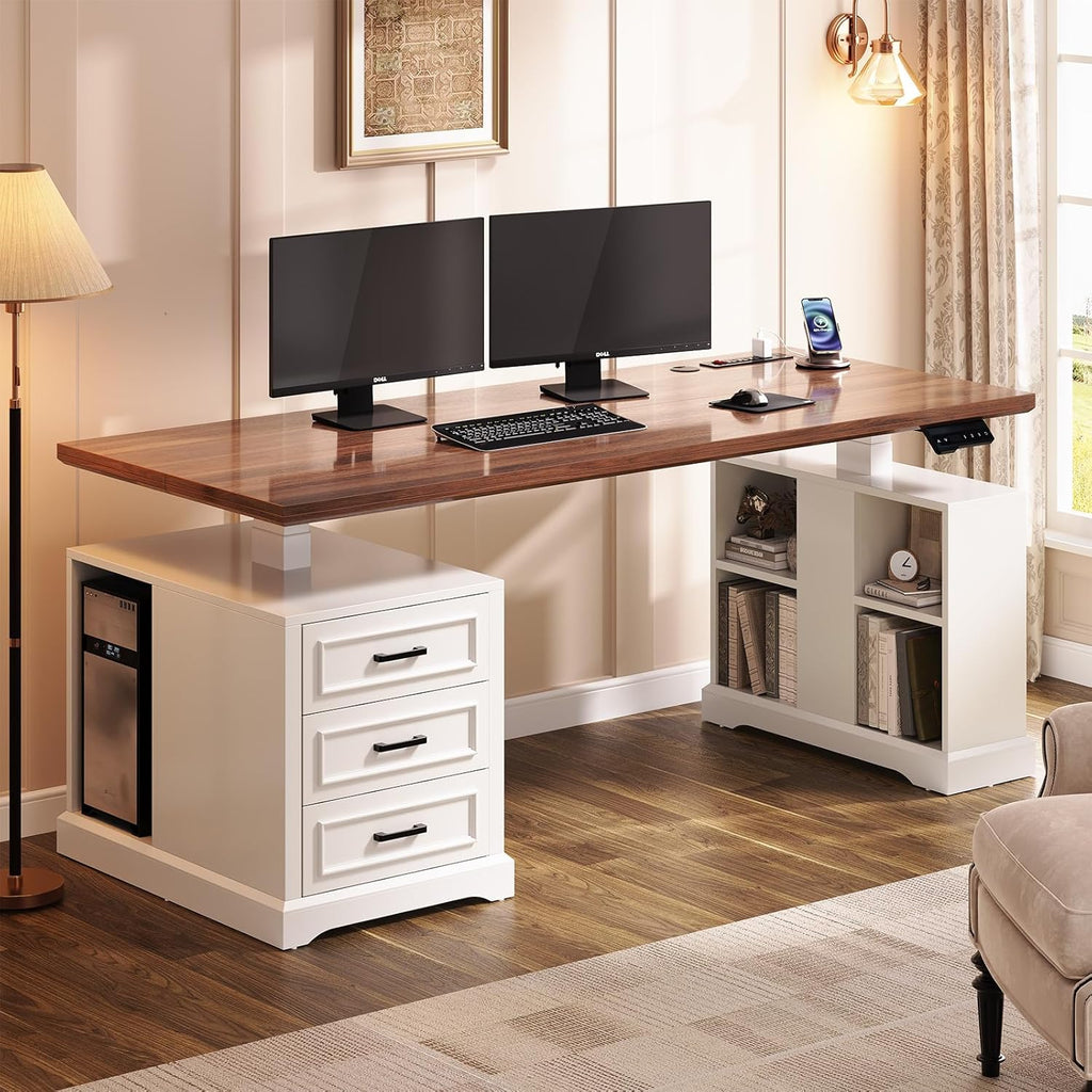 Farmhouse Electric Standing Desk, 63" Height Adjustable Computer Desk with 3 Drawers, Storage Shelves, Power Outlets