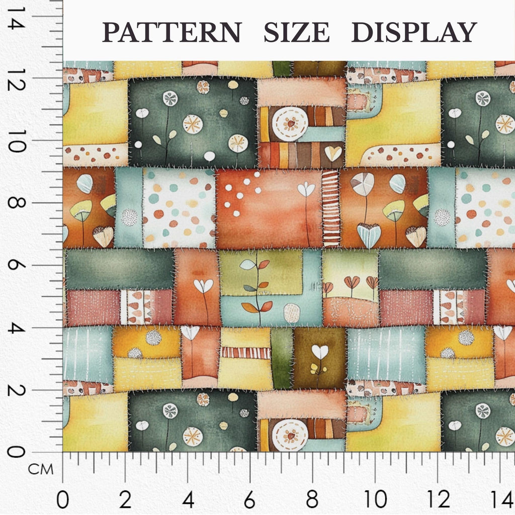 Patchwork Cotton Fabric Panel 61 x 36.6 Inches, Scandinavian Heart Pattern Quilt Style, Multicolor Rustic Design