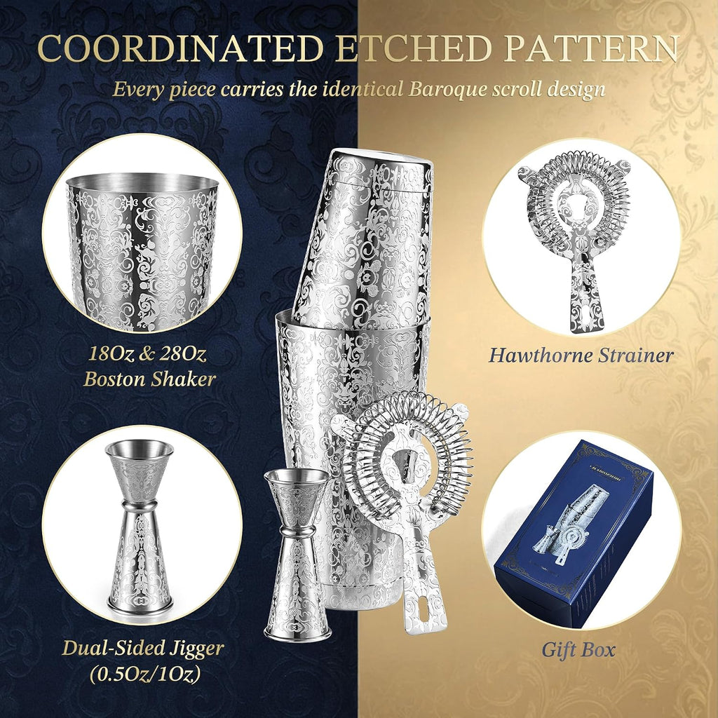 Etched Boston Cocktail Shaker Set, Baroque Scroll Engraved - Set of 4