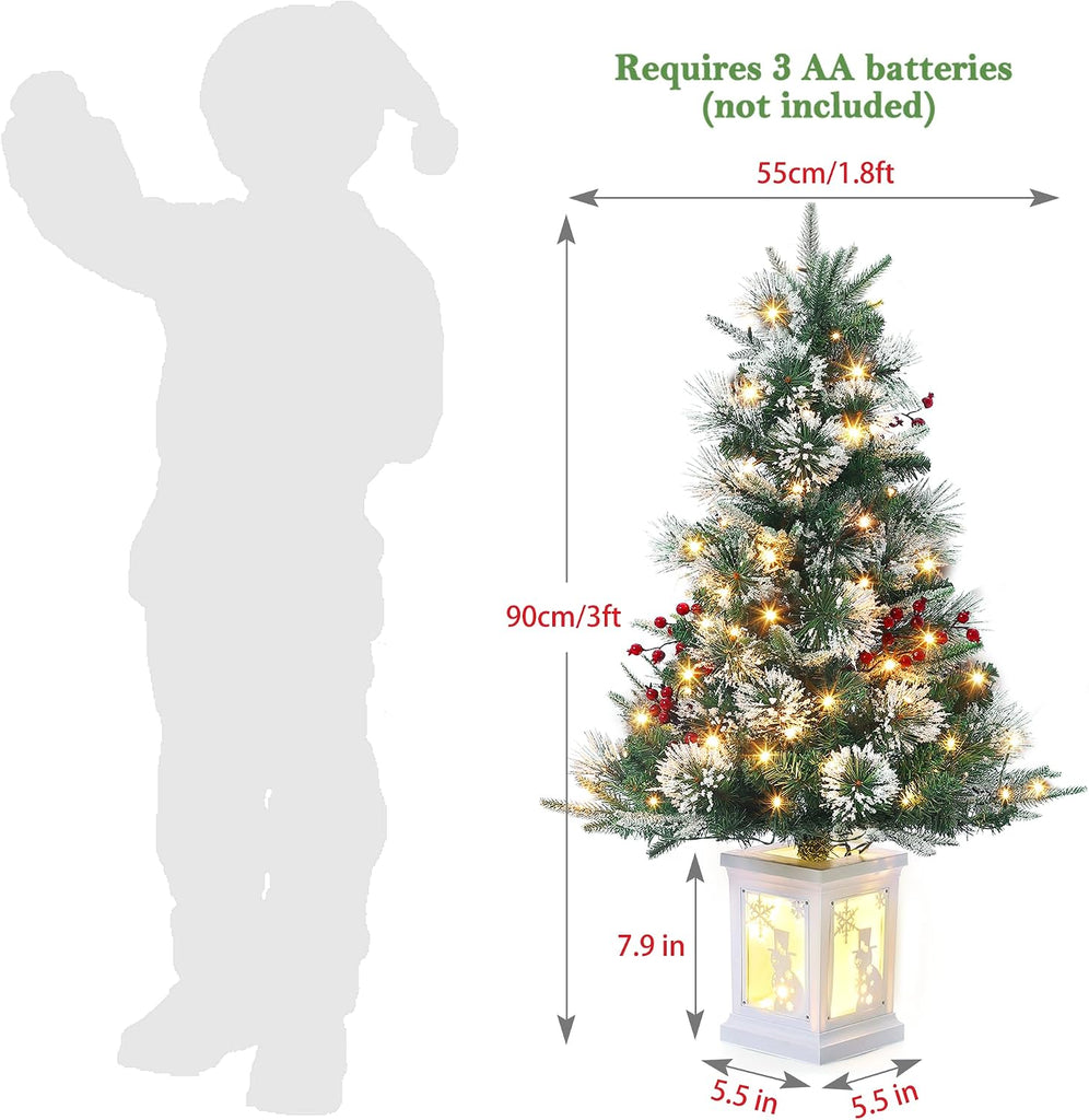 3ft Prelit Snow Flocked Christmas Tree with Light Up White Snowman Box Base