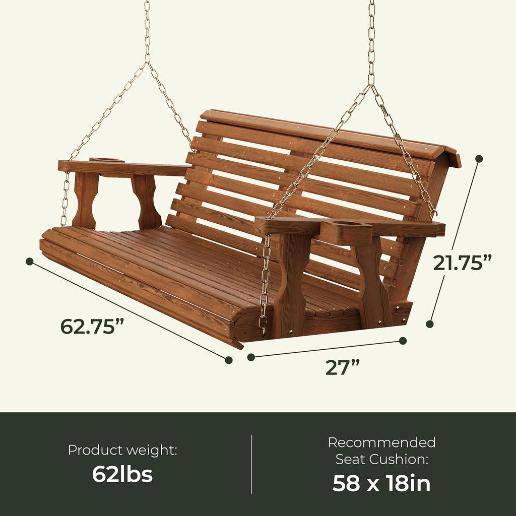 Casual Heavy Duty 700 Lb Capacity Porch Swing with Cup Holders (5 Foot, Cedar Stain) - Wooden Outdoor Roll Back Swing