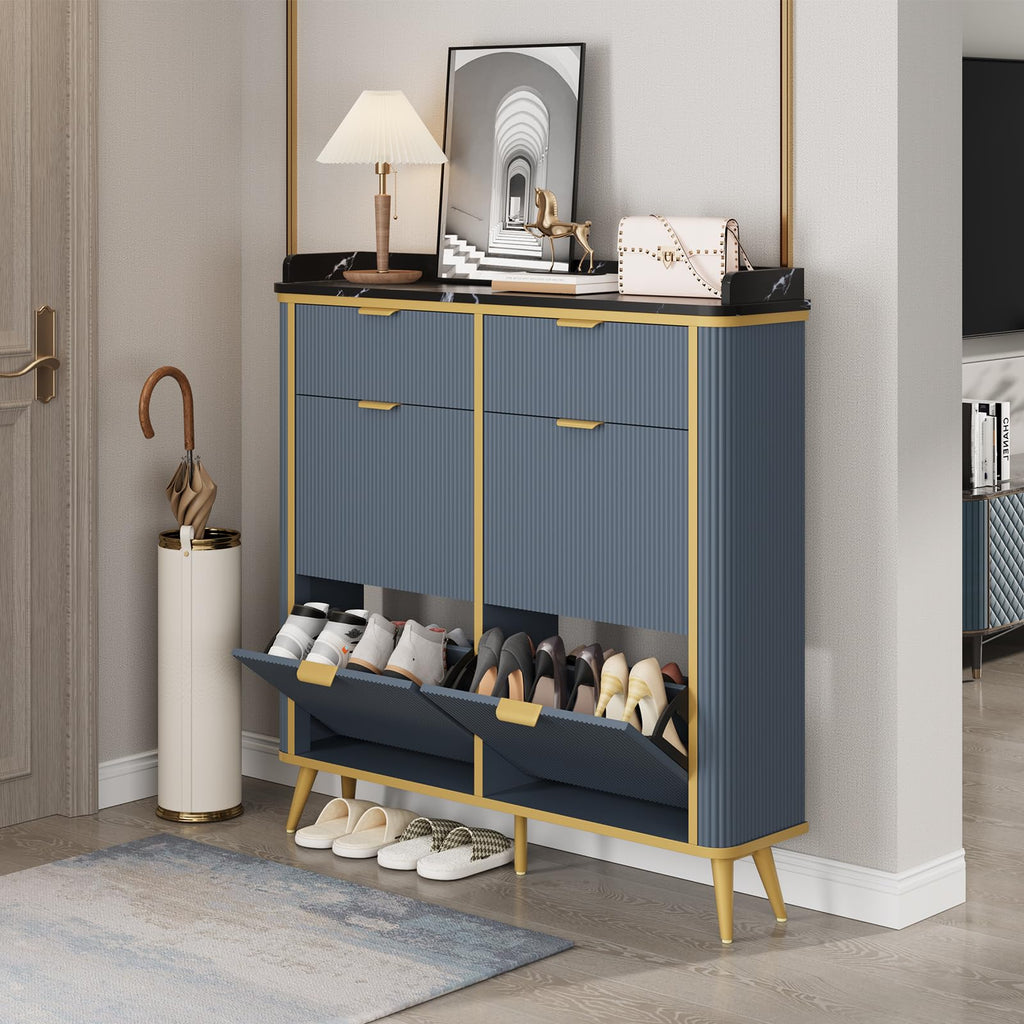 Fluted Shoe Storage Cabinet with 4 Flip Drawers & 2 Drawers, Freestanding Hidden Shoe Organizer with Adjustable
