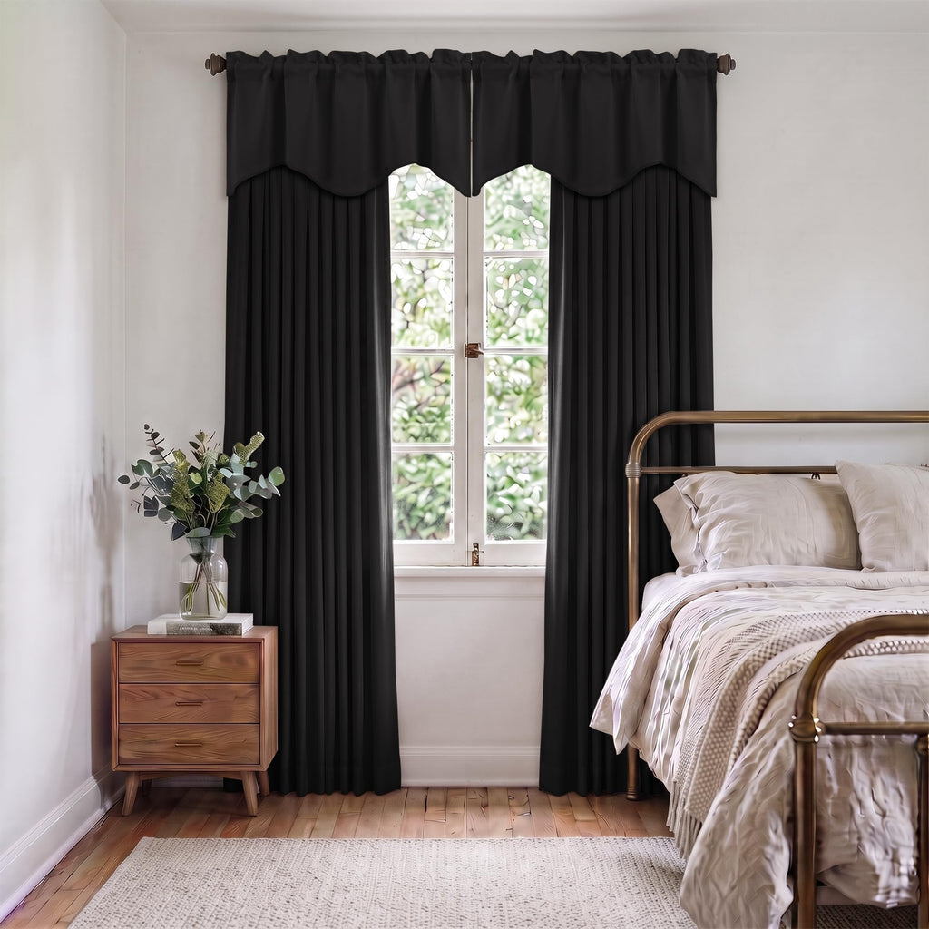 Blackout Scalloped Valance Curtain 2 Panels, W52 x L18 Inch, Black