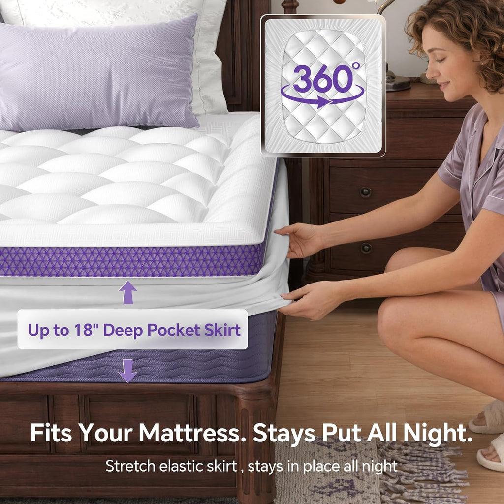Full Mattress Topper, Viscose Derived from Bamboo, Soft Pillow Top | Cushioned Support, Breathable Mesh Sides, Memory