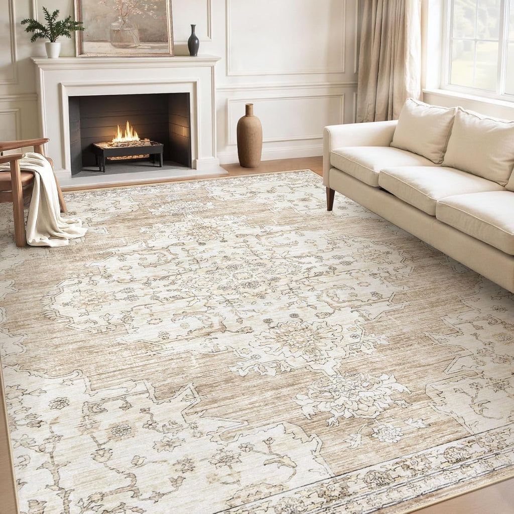 8x10 Washable Vintage Area Rug, Low Pile Non-Slip Neutral Carpet for Bedroom Dining Room Beige