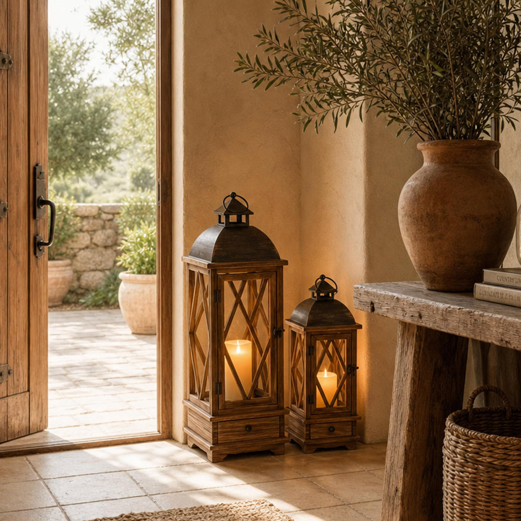 Wooden Candle Lanterns Set of 2, Rustic Farmhouse Indoor Outdoor