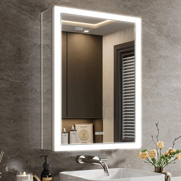 Lighted Medicine Cabinet with Mirror & Clock -20x26 Surface or Recessed Aluminum Medicine Cabinet with Dimmable Light