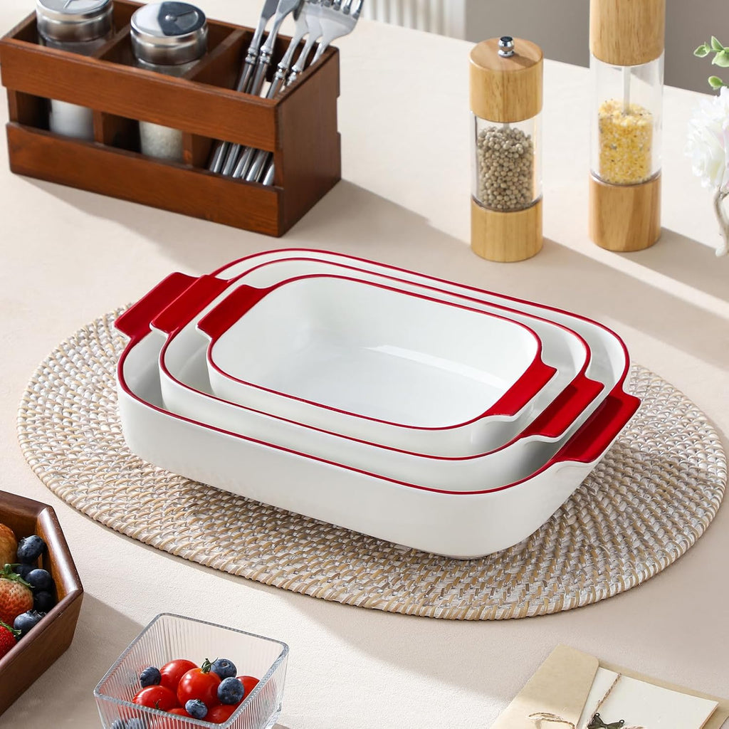 Ceramic Casserole Dishes Set of 3, Red Trim Dish for Oven | 9x13 Rectangular Lasagna Pans with Handles, Microwave