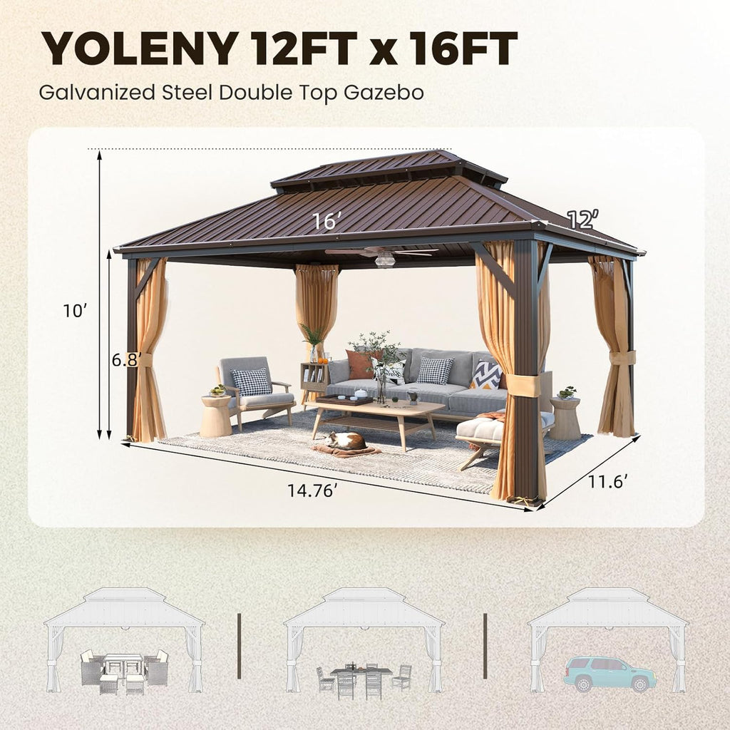 12' x 16' Gazebo Hardtop with Aluminum Frame,Galvanized Steel Double Roof Gazebos with Curtain and