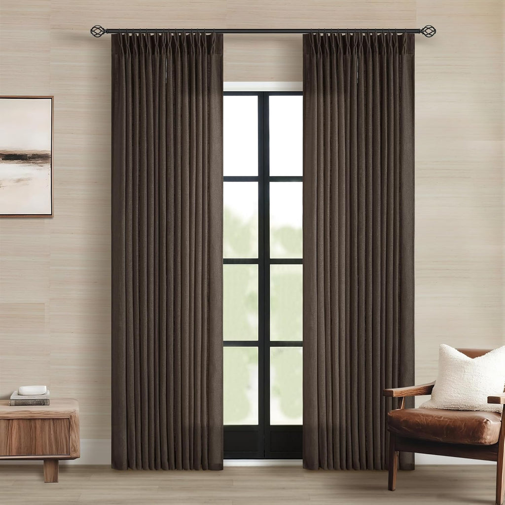 Dark Chocolate Pinch Pleated Linen Curtains 2 Panels for Living Room Bedroom Memory Training Shaped Semi Sheer Pleat