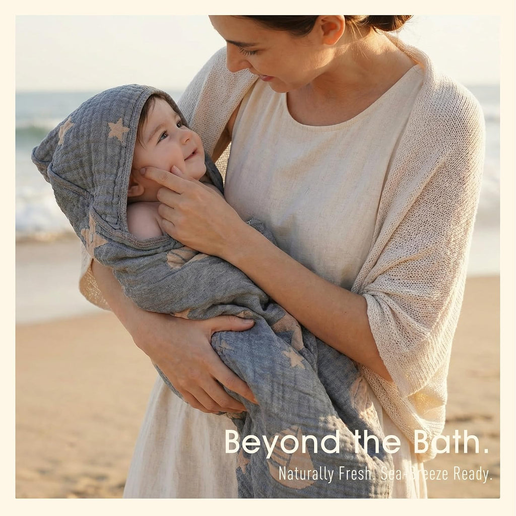 Muslin Baby Beach Bath Towel Hooded Organic Cotton Blend Deep Ocean