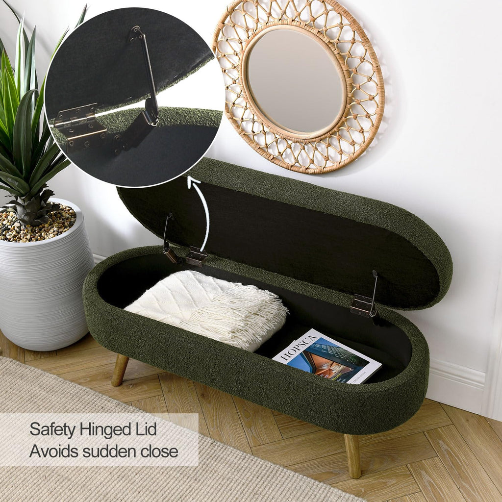 43.5" Fabric Storage Ottoman Bench, Upholstered Boucle Ottoman with Safety Hinge, Entryway Bench with Rubber Wood Legs