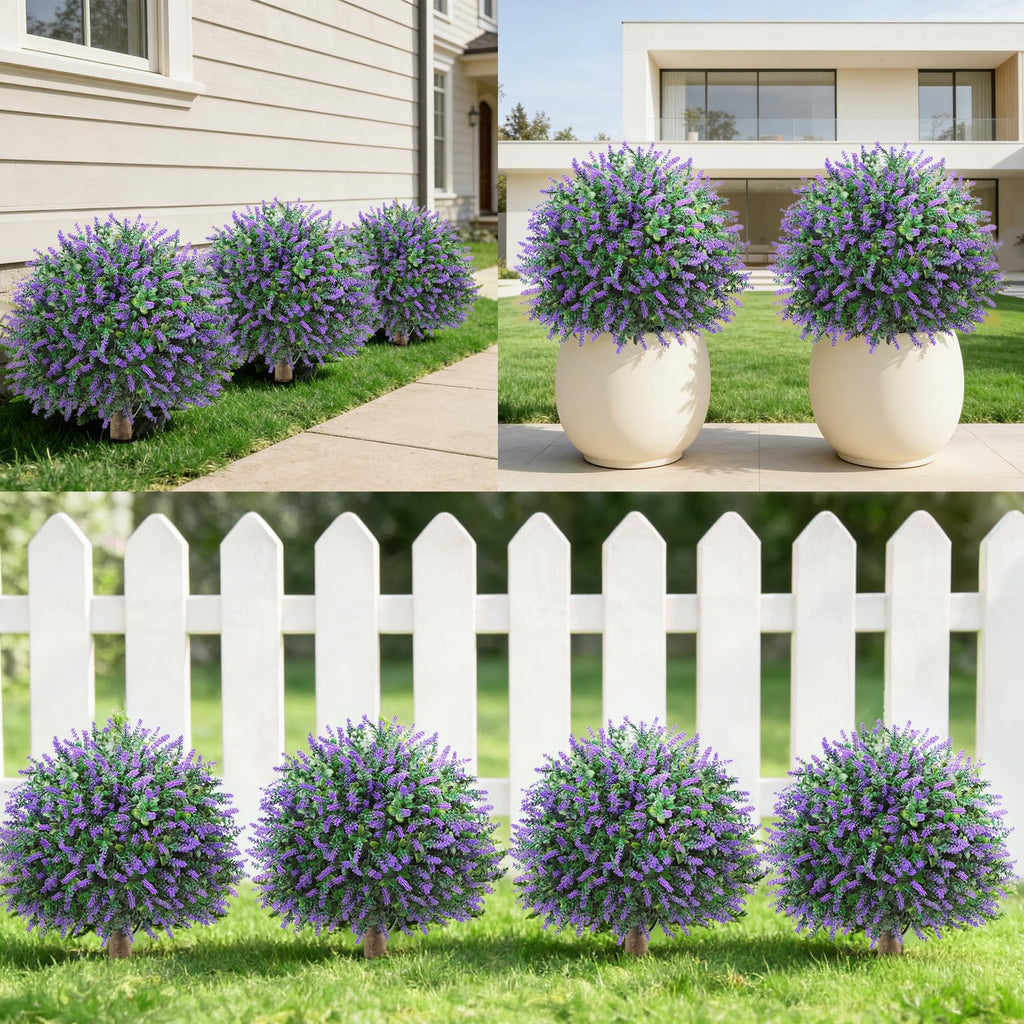 Artificial Lavender Topiary Ball Trees Outdoor, 2 Pack UV Resistant 24" Fake Plants with Grund Spike, Faux Shrubs
