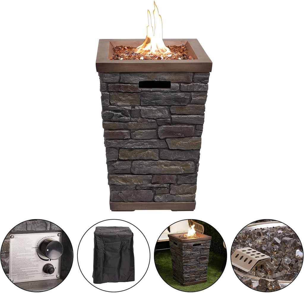 GXT966 Stone Look Column Gas Fire Pit with 32K BTU and Adjustable Flame, Cozy Patio Decor, 29" H, Multicolor