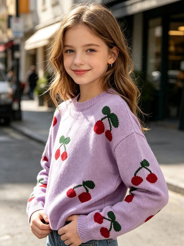 Cherry Knit Pullover Sweaters Casual Crewneck Tops