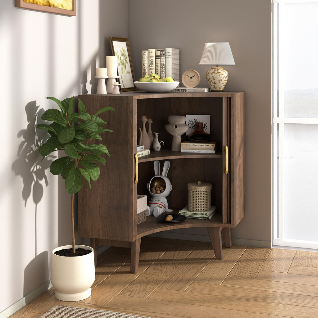 Fluted Corner Cabinet with Doors, Corner Kitchen Cabinet, Wine Bar, Sideboard