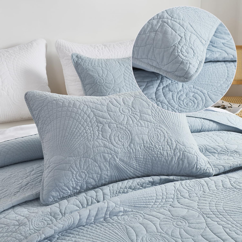 Coastal Quilt Set Cotton Dusty Blue Matelasse Coverlet Set with Seashell Stitching Heirloom Coastal Quilt