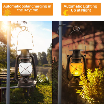 Outdoor Waterproof Solar Lanterns, 2 Pack Vintage Flickering Flame LED Hanging Lights with Auto On/Off, Rustic