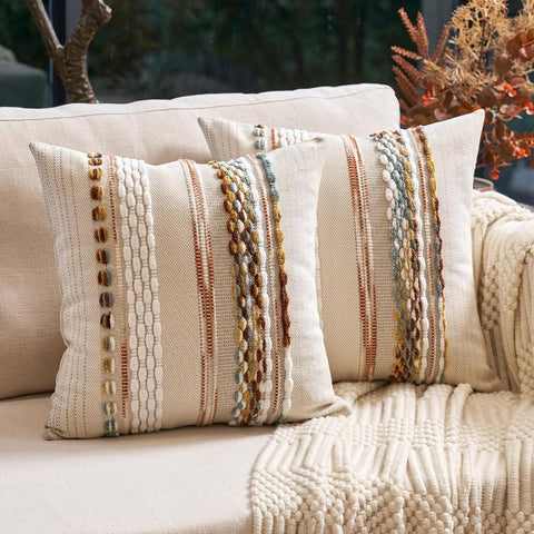Boho Throw Pillow Covers 18x18 Inch Set of 2, Farmhouse Decorative Striped Square Pillow Covers Chenille Tufted