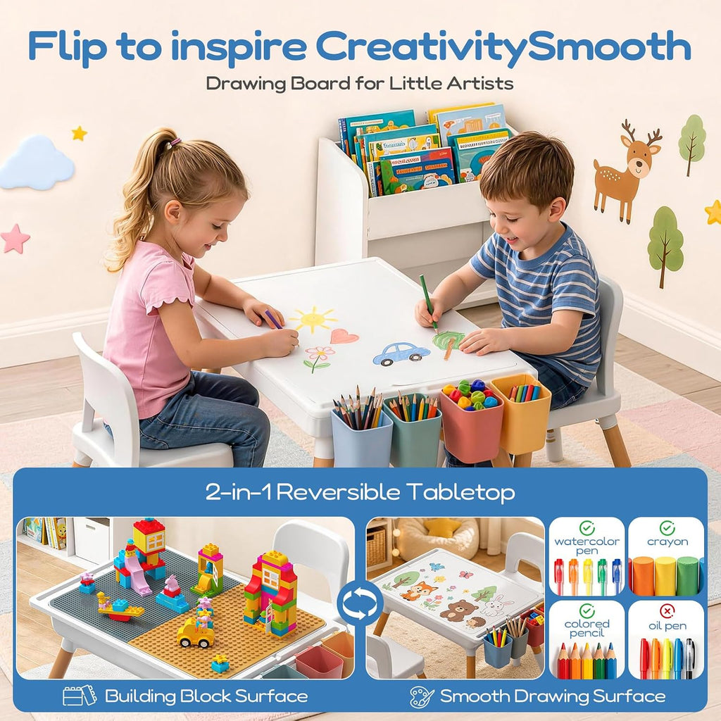 6 in 1 Kids Table and 2 Chairs Set, Dual Size Block Building Desktop