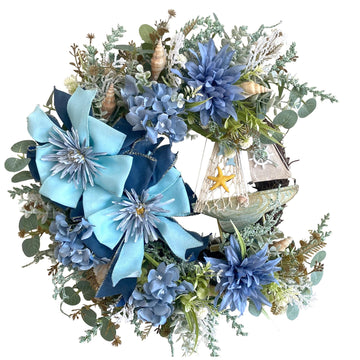 Summer Wreath for Front Door, Seaside Blue Floral Decor with Green Leaves for Wedding, Rustic Farmhouse Coastal Conch