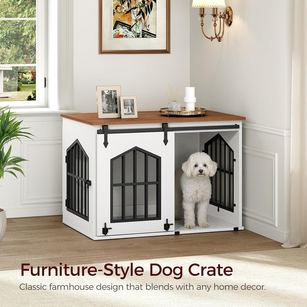 Dog Crate Furniture, Farmhouse Dog Kennel with Sliding Barn Door, Wooden Dog Cage for Small Medium Dogs
