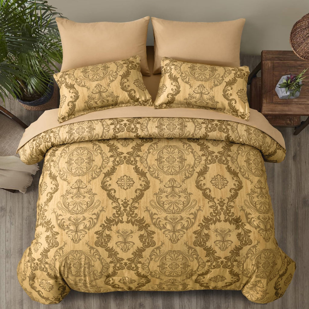 Gold Comforter Set King Size, Damask Texture Design 7 Pieces Bed in a Bag Microfiber Comforter Bedding Sets -1