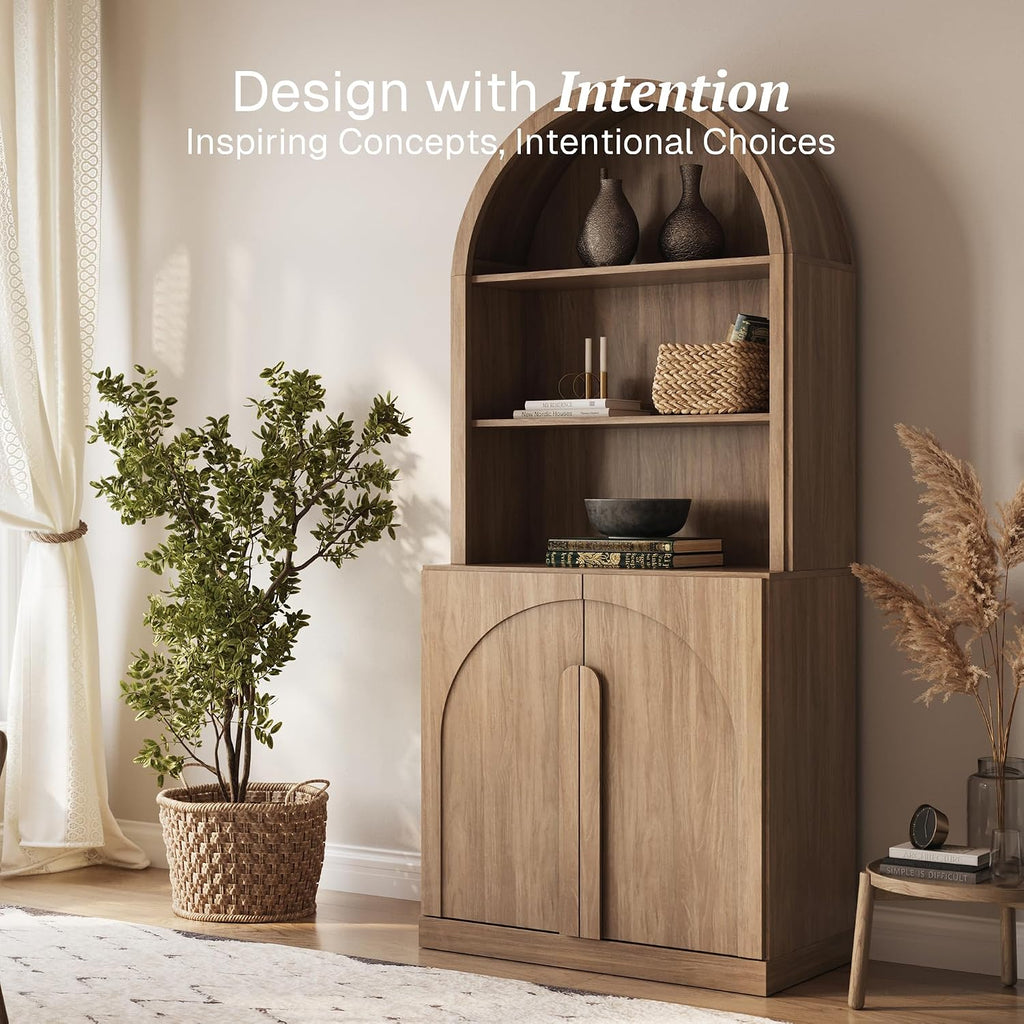Arched Bookshelf with Storage, 71" Tall Wood Curio Display Cabinet with Adjustable Shelf, 5 Tier Modern Bookcase