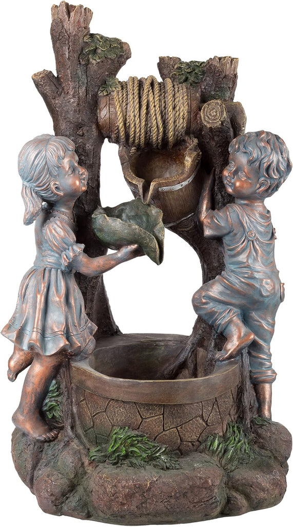 Boy and Girl Outdoor Water Fountain - Cascading Waterfall with Soothing Sounds and 4 LED Lights or Patio by (Antique