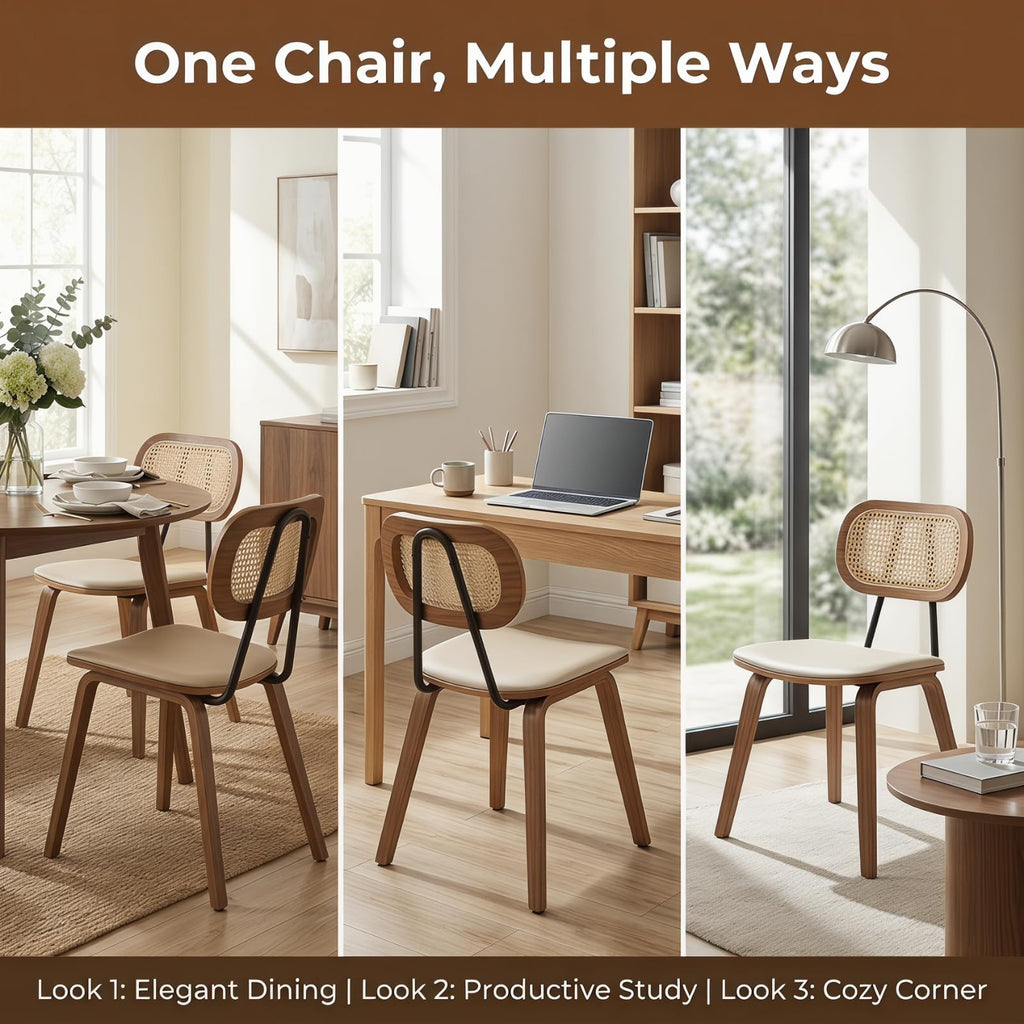 Mid Century Modern Dining Chairs Set of 2, Rattan Back Kitchen Chairs with Solid Wood Frame, Upholstered Faux Leather