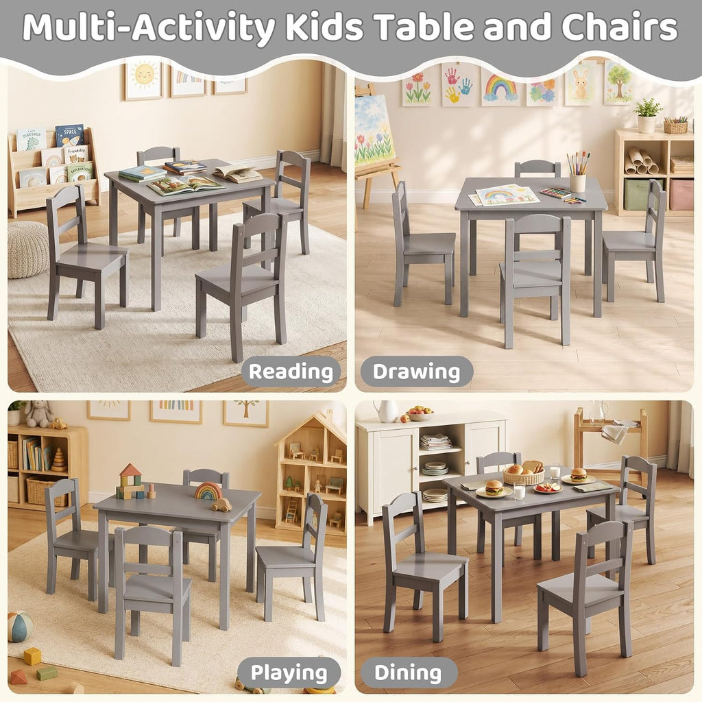 Wooden Kids Table and 4 Chairs, 26" L x 22" W, Graffiti, Grey