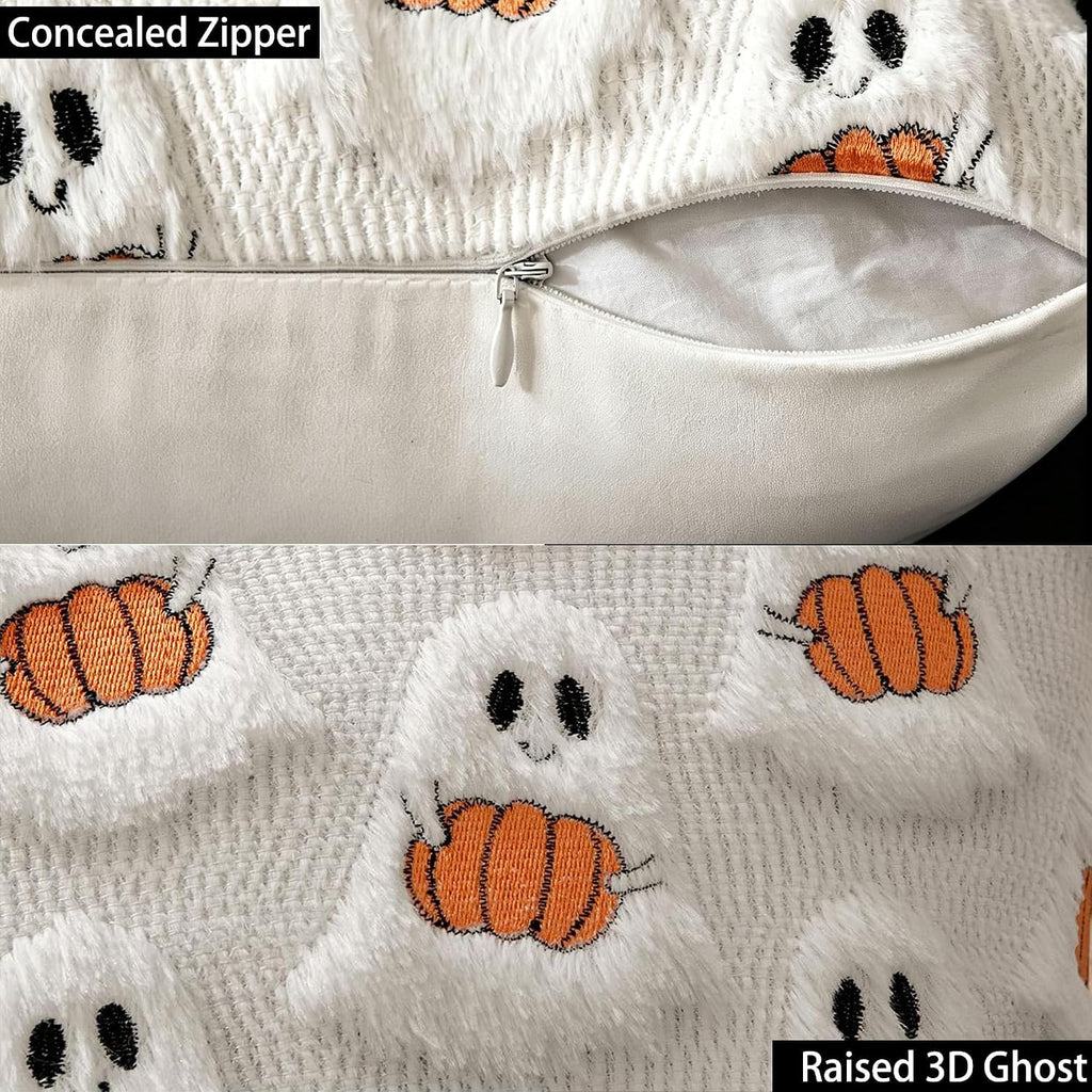 Halloween Ghost Pillow Covers-18x18, Cream Plush Fluffy Washable - Set of 2