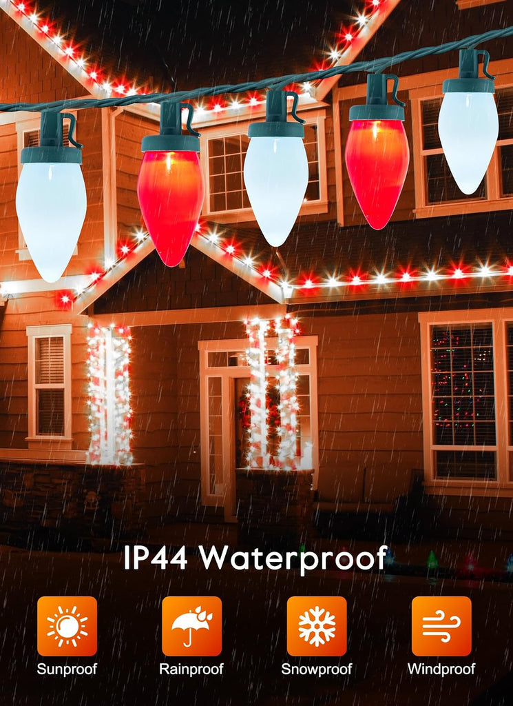 50FT C9 Christmas Lights Outdoor, Green Wire (Red & Pure White)