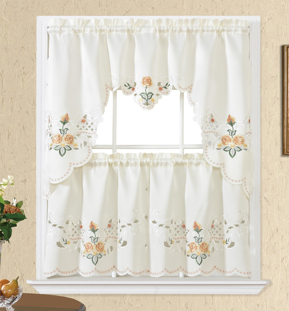 Rose Fragrance 3pcs Tiers Set, Multi-Color Kitchen Cafe Curtain, Gold