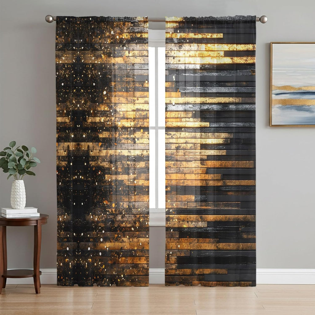 Sheer Curtains 96 Inches Long, Luxury Golden Black Light Filtering Window Curtains , Geometric Art Deco Modern Rod