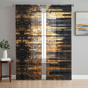 Sheer Curtains 96 Inches Long, Luxury Golden Black Light Filtering Window Curtains , Geometric Art Deco Modern Rod