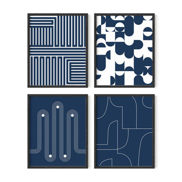 Blue Wall Art Set of 4 - Navy Blue Decor, Geometric Abstract Art, Modern Wall Prints, Aesthetic Wall Decor (Black