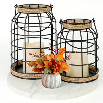 Rustic Farmhouse Decorative Lantern Set of 2, Boho Lanterns with LED Candles, Modern Farmhouse Indoor Outdoor Decor