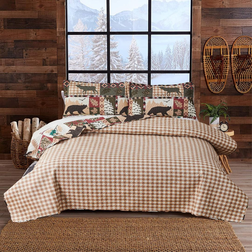 3 Pcs Reversible Rustic Quilt Set Size Moose Bear Bedspread Lodge Bedding Plaid Themed Cabin Coverlet