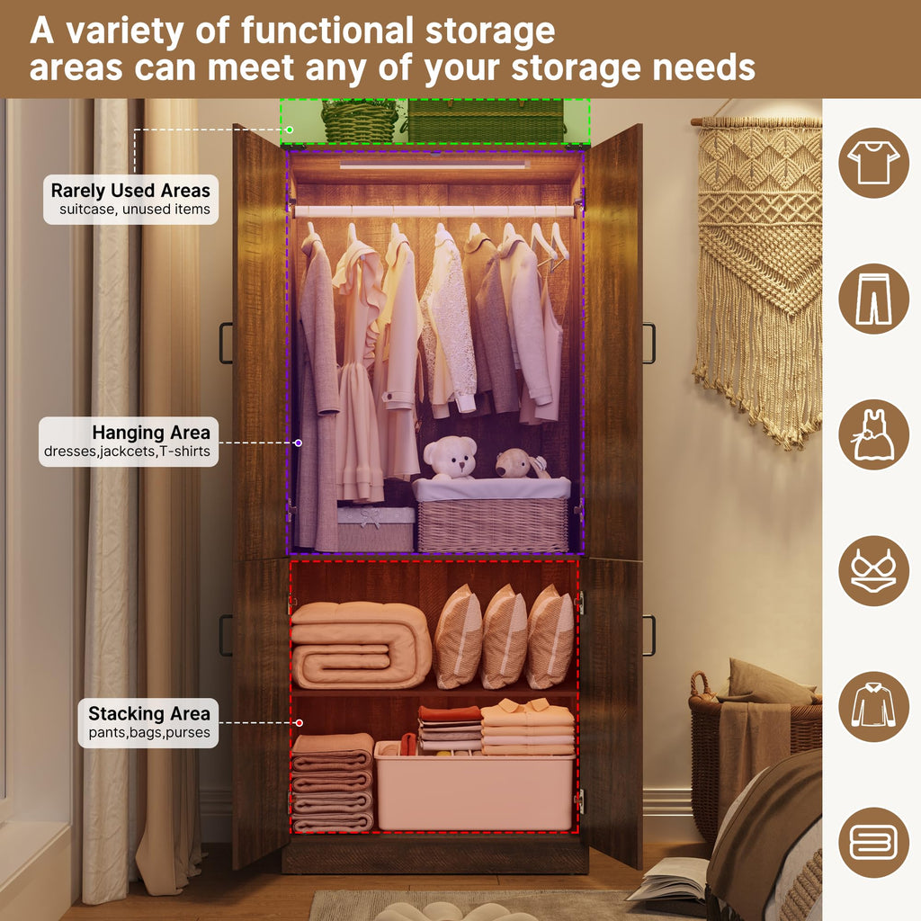 75" Tall Farmhouse 2 Doors Armoire Wardrobe Closet with LED, Freestanding Closet Wardrobe Cabinet with Hanging