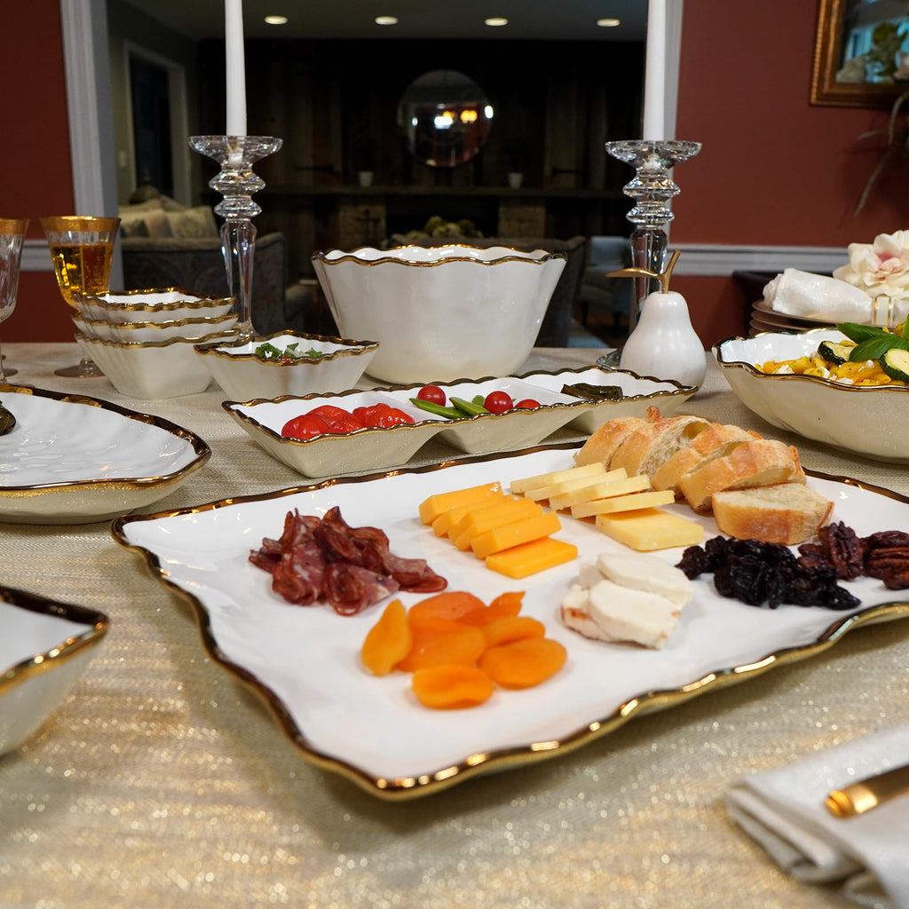 Regency Gold Porcelain Rectangular Platter with Scalloped Edges, Metallic Gold Rim, 16x11.75in, Elegant Serving Dish