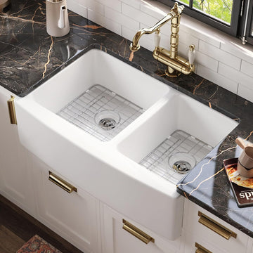 Double Bowl White Kichen Sink 33 inch, Ceramic Apron Front Farmhouse Sink, Deep Drop-in Fireclay Undermount Large