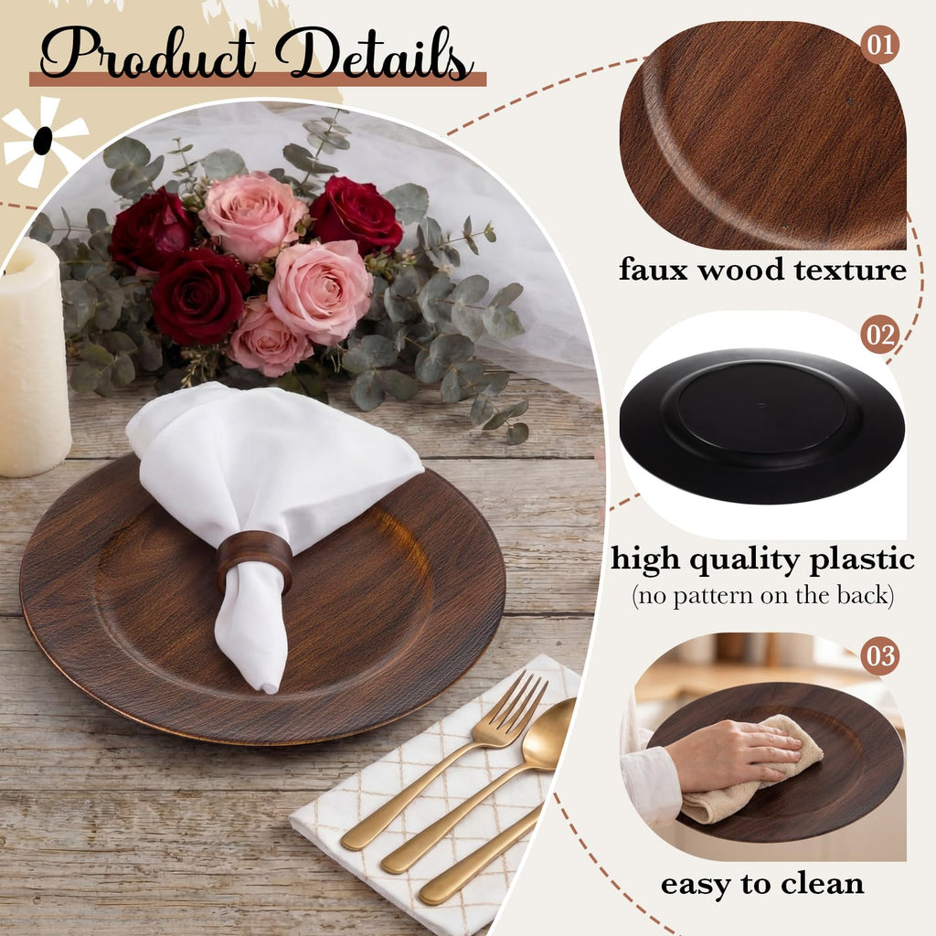 24 Pack 13" Brown Round Chargers for Dinner Plates, 12 Pcs Handmade Acacia Wood Napkin Ring, Farmhouse Faux Wood