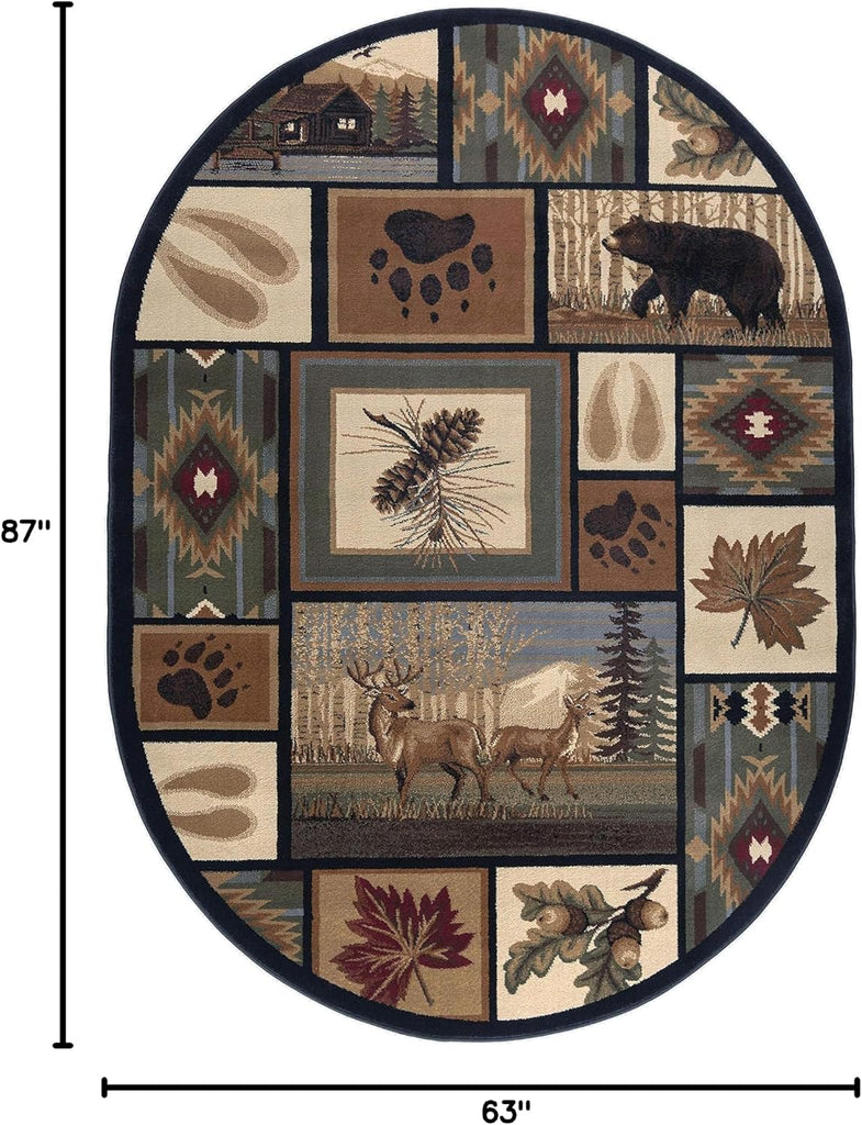 Northern Wildlife Multi-Color Easy Clean Oval Area Rug Bedroom or Dining Room for Farmhouse, Lodge, Cabin Stye