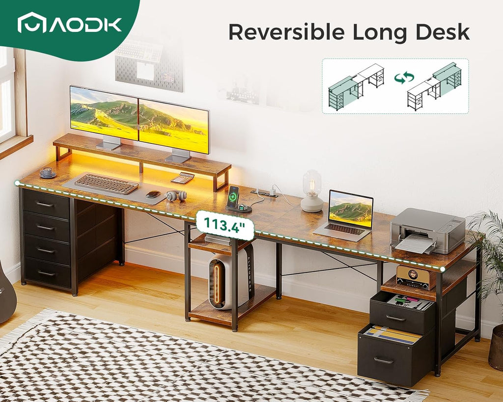66" L Shaped Computer Desk, 113“ Reversible Home Office Desk with File Cabinet & 4 Fabric Drawers