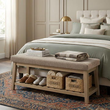 Entryway Bench with Cushion, Upholstered Shoe Rack Bench with Solid Wood Shelf, 44" End of Bed Bench, Chenille
