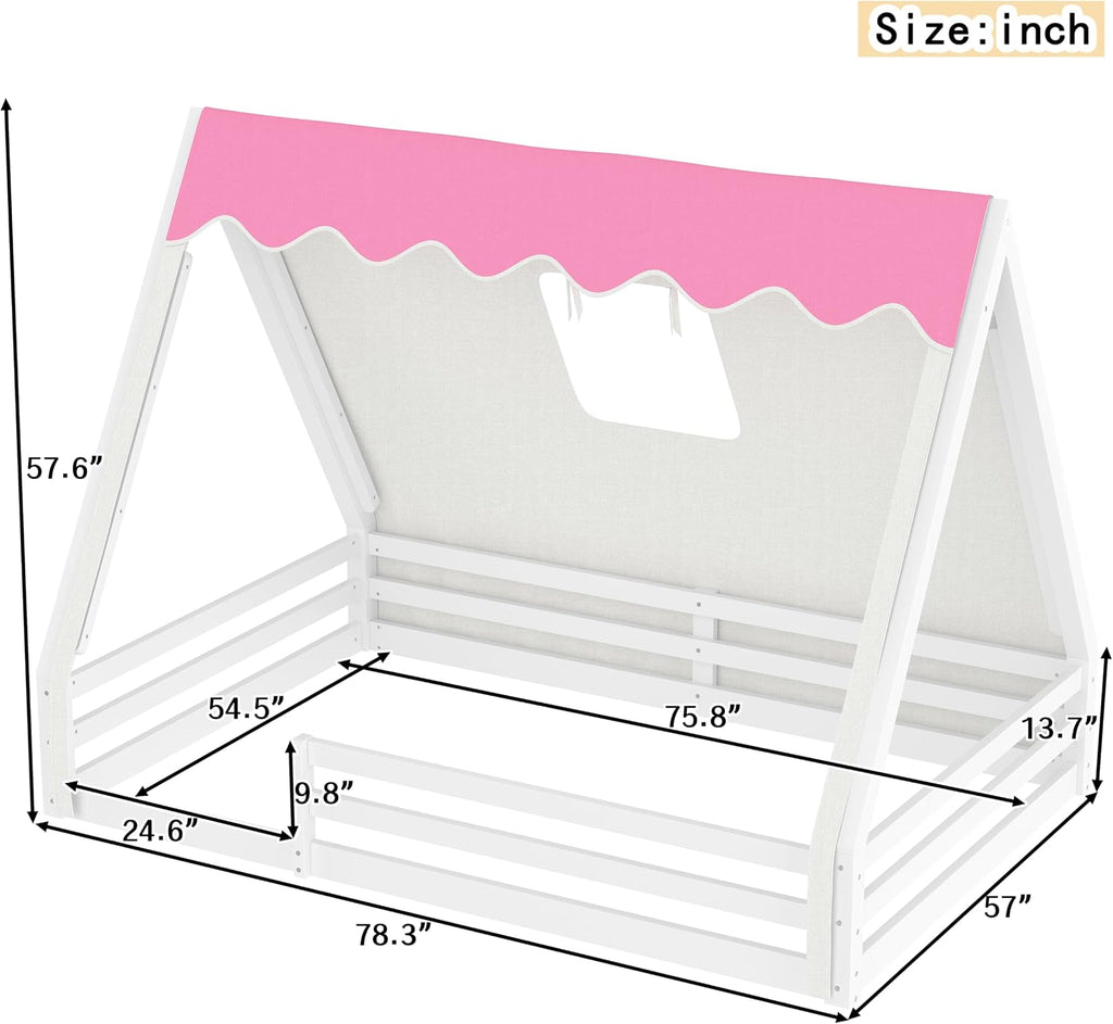 Full Size House Floor Bed with Canopy Tent and LED Lights, Wood Teepee Montessori Floor Beds Frame with Guardrails