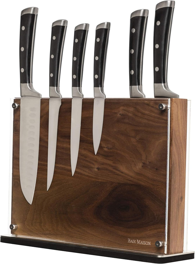 Stylish Large Magnetic Knife Holder - Holds 16+ Knives - Walnut Wooden Knife Block Without Knives - Wide Kitchen