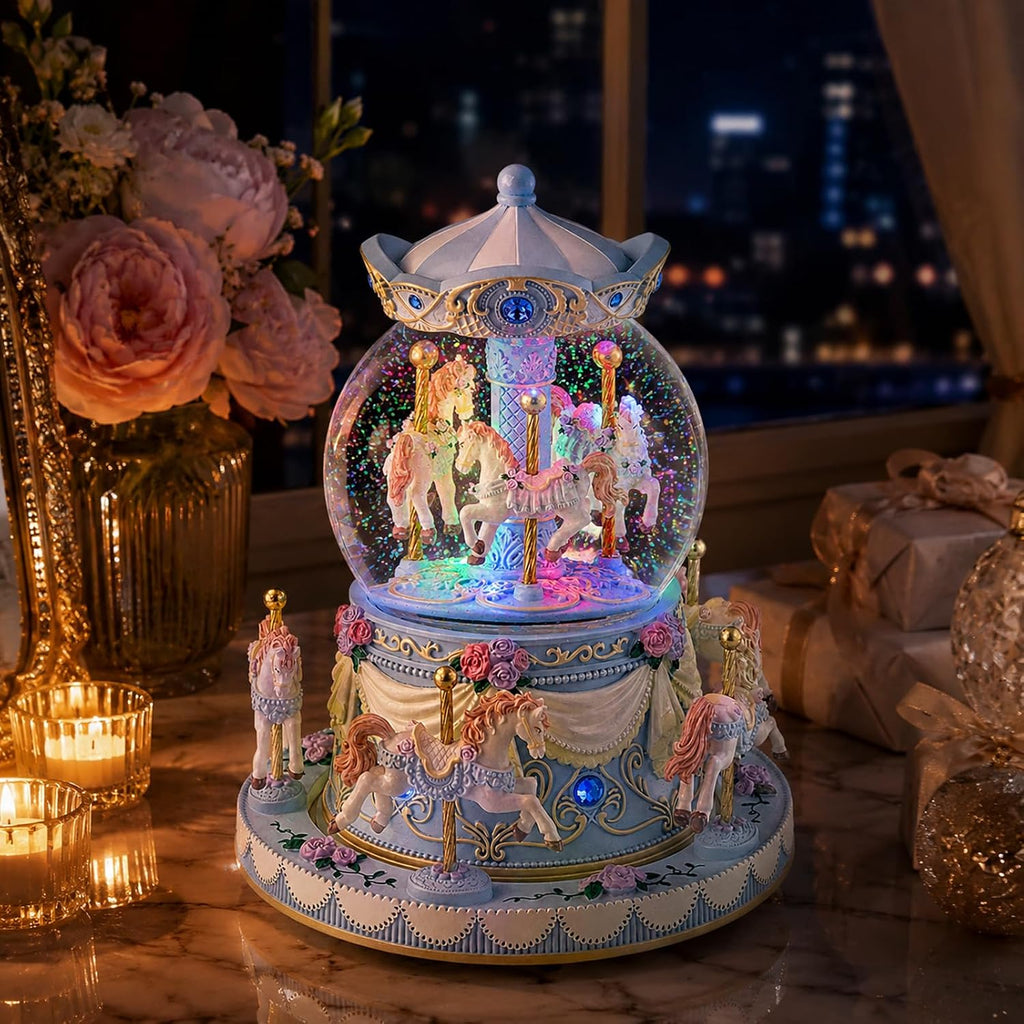 Blue Carousel Snow Globe Music Box with LED Lights, Rotating Horse Merry Go Round, Wind Up Musical Snow Globe Plays