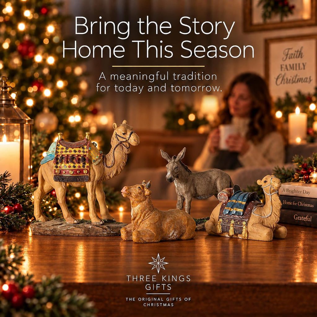 Kings Gifts Nativity Animals Set, 4-Piece Polystone Standing and Sitting Camels, Donkey, and Ox Figures, Flat Bottom
